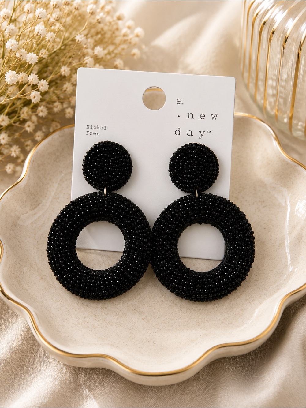 a new day Black Beaded Circle Drop Earrings Statement